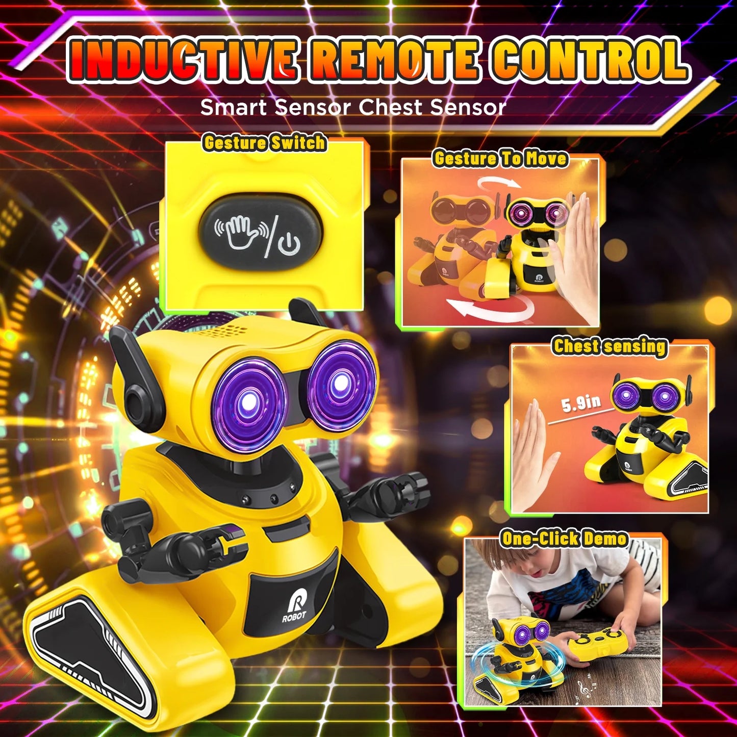 Kids RC Robot Toys, Interactive Smart Robot with Touch Sensor, Music, LED Eyes, Automatic Presentation Christmas Birthday Gifts for 3-8 Year Old Girls Boys, Yellow