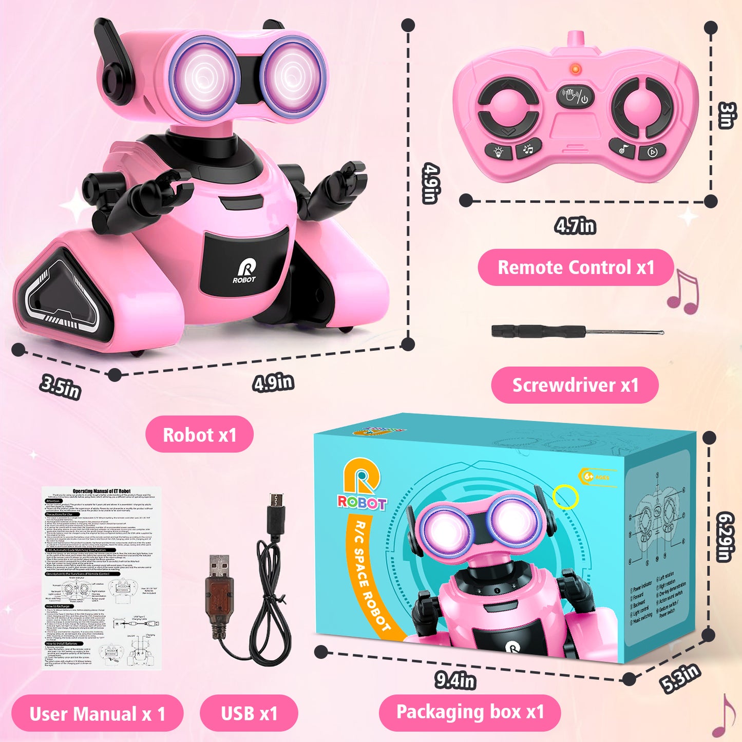 Robot Toys for Girls,Rechargeable Remote Control Robots, Toy Robot with Auto-Demonstration, Flexible Head & Arms, Dance Moves, Music, and Shining LED Eyes, Girls Toys Age4-6 (Pink)