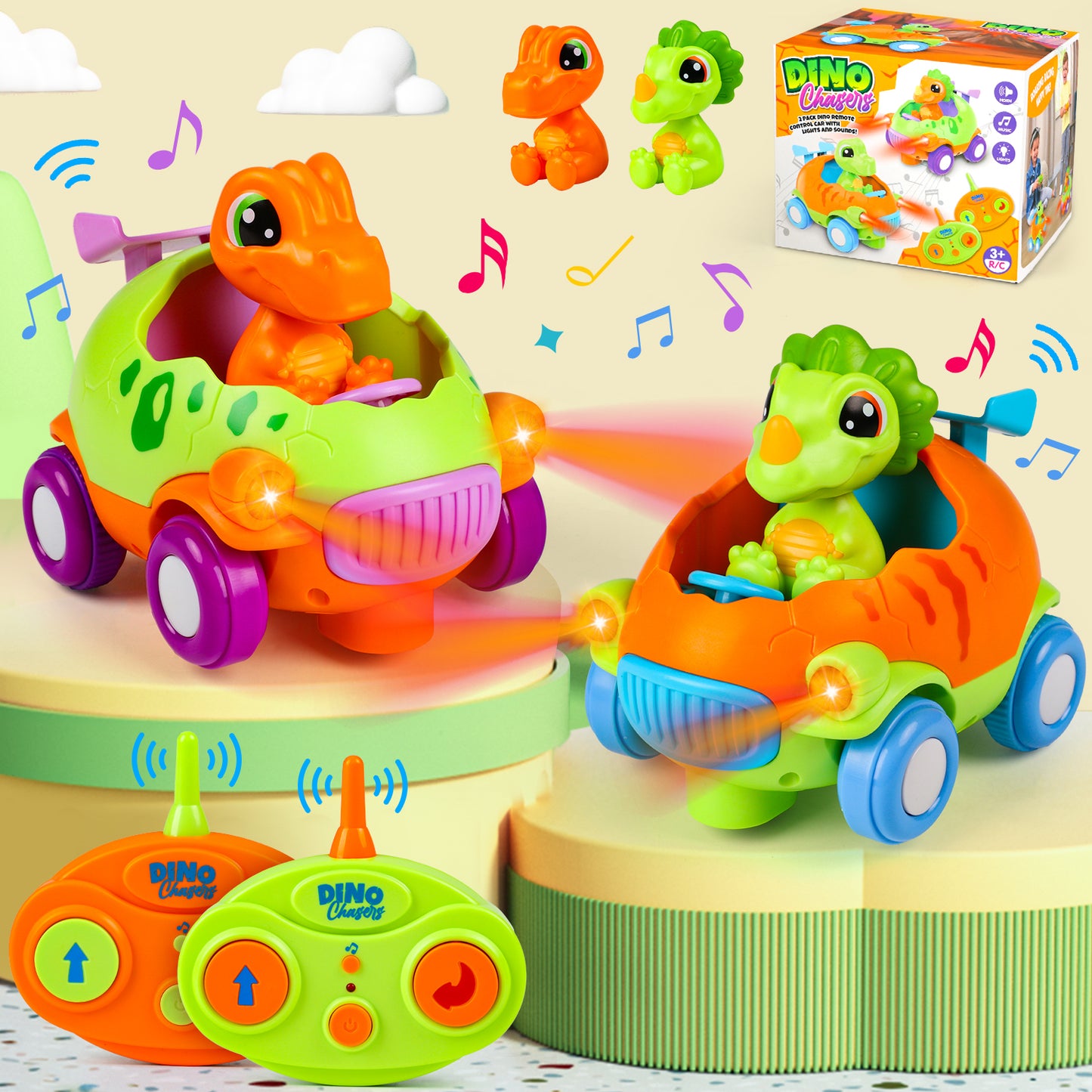 Dinosaur Remote Control Cars for Toddlers, 2 Pack RC Cars Dinosaur Toys for Kids, w/ LED Lights & Music, Toys for Boys and Girls 2 3 4 5 6 Years Christmas Gift