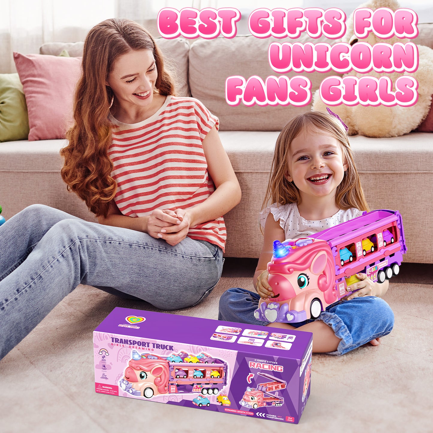 UUSUOO Unicorn Truck Toys for 3 -6 Years Old,7-In-1 Pink Unicorn Foldable Transport Carrier Truck with Lights and Music W/6 Princess Cars,Birthday Gifts for 3 4 5 6 + Years Old Boys Girls