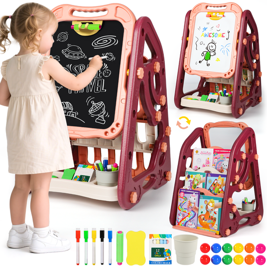 UUSUOO 3 in 1 Art Easel for Toddlers,Double Sided Kids Art Easel with Magnetic White Board & Chalk Board,Adjustable Standing Toddler Easel with Art Accessories,Christmas Gift for Kids Ages 3+,Red