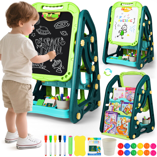 UUSUOO 3 in 1 Easel for Toddlers 3-6,Double Sided Kids Art Easel with Magnetic White Board & Chalk Board,Adjustable Standing Toddler Easel with Art Accessories,Christmas Gift for Kids Ages 3+,Green