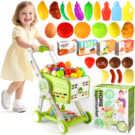 UUSUOO 31Pcs Shopping Cart for Kids,Pretend Play Toys with Play Food and Shop Accessories,Grocery Shopping Cart for Kids, Christmas Birthday Gift for Kids Age 3-8