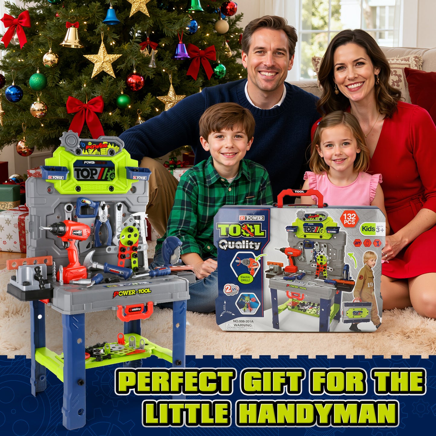 UUSUOO 2-In-1 Kids Tool Bench,132Pcs Kids Tool Set with Realistic Tools and Electric Drill,Foldable Pretend Play Workbench Construction Building Toys,Christmas Toys Gift for Boys Girls 4 5 6+