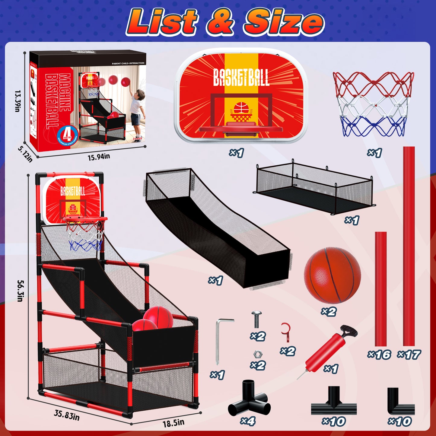 UUSUOO Arcade Basketball Game Set for Kids,Adjustable Height 45"-56" Kids Basketball Hoop with 2 Balls & Pump, Indoor Outdoor Sports Play Toys,Birthday Gift for Boys Girls Age 5 6 7 8 + ,Red