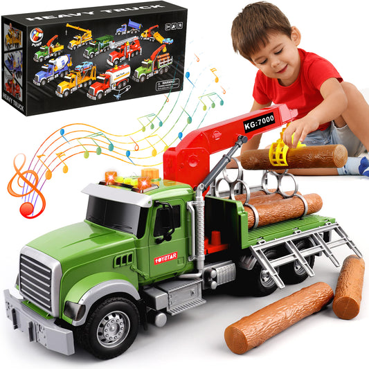 UUSUOO Toddler Trucks for Boys 3-6 Years,15" Large Boys Timber Truck with Loading Crane and 6 Trunks, Kids Truck Toys with Lights & Sounds,Christmas Birthday Gifts for 3 4 5 6 7 Boys Girls,Green