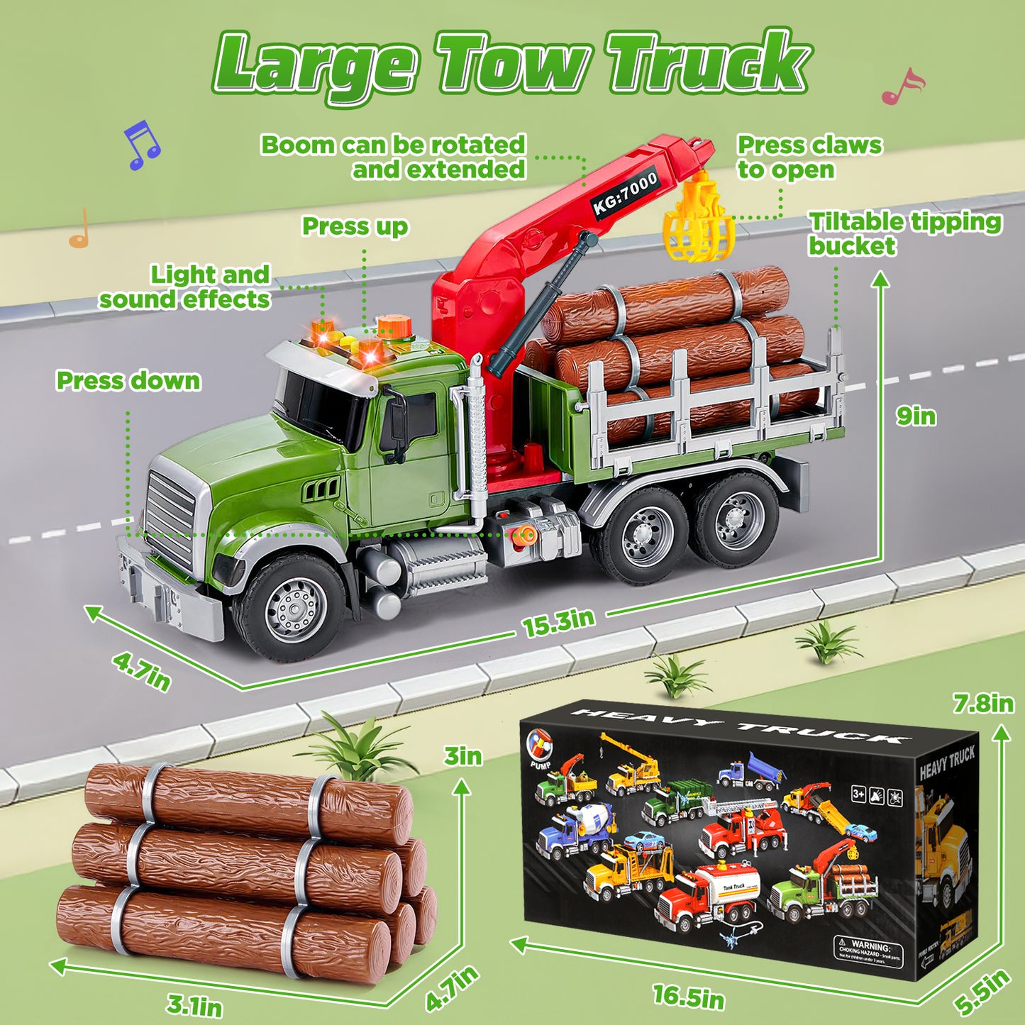UUSUOO Toddler Trucks for Boys 3-6 Years,15" Large Boys Timber Truck with Loading Crane and 6 Trunks, Kids Truck Toys with Lights & Sounds,Christmas Birthday Gifts for 3 4 5 6 7 Boys Girls,Green