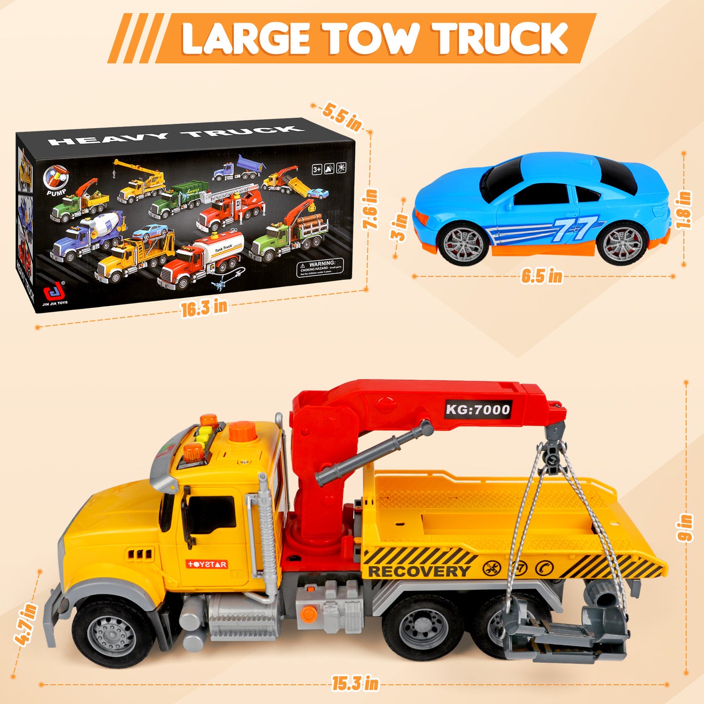 UUSUOO Toddler Trucks for Boys 3-6 Years,15" Large Tow Truck Toys,Friction Powered Transport Truck Crane Toy with Roadster, Lights and Sounds,Kids Truck Toys,Christmas Birthday Gifts for Kids,Yellow