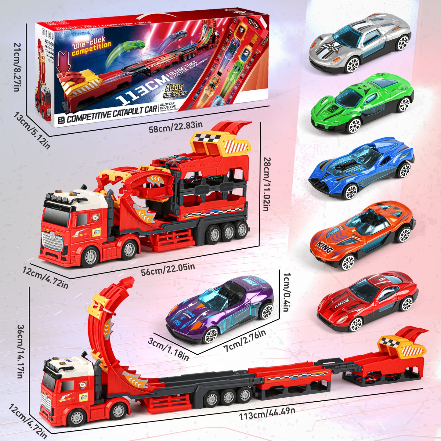 UUSUOO Carrier Truck Race Track Toys for Kids,45 inch Foldable Race Track with 6 Die-Cast Metal Toy Cars and Lights & Sounds, Truck Toys Toddlers Toys Xmas Gifts for 3 4 5 6 7 Years Old Boys and Girl