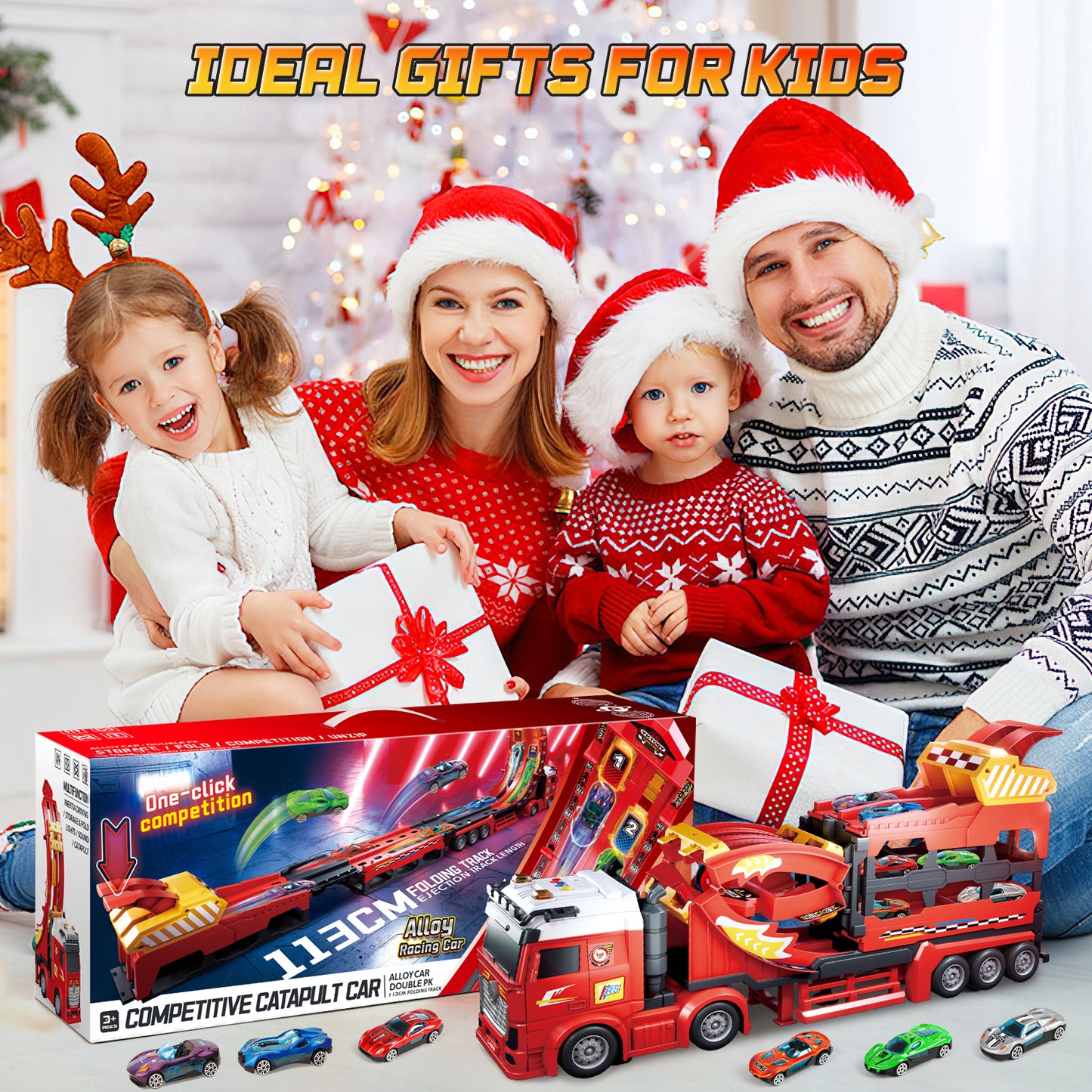 UUSUOO Carrier Truck Race Track Toys for Kids,45 inch Foldable Race Track with 6 Die-Cast Metal Toy Cars and Lights & Sounds, Truck Toys Toddlers Toys Xmas Gifts for 3 4 5 6 7 Years Old Boys and Girl