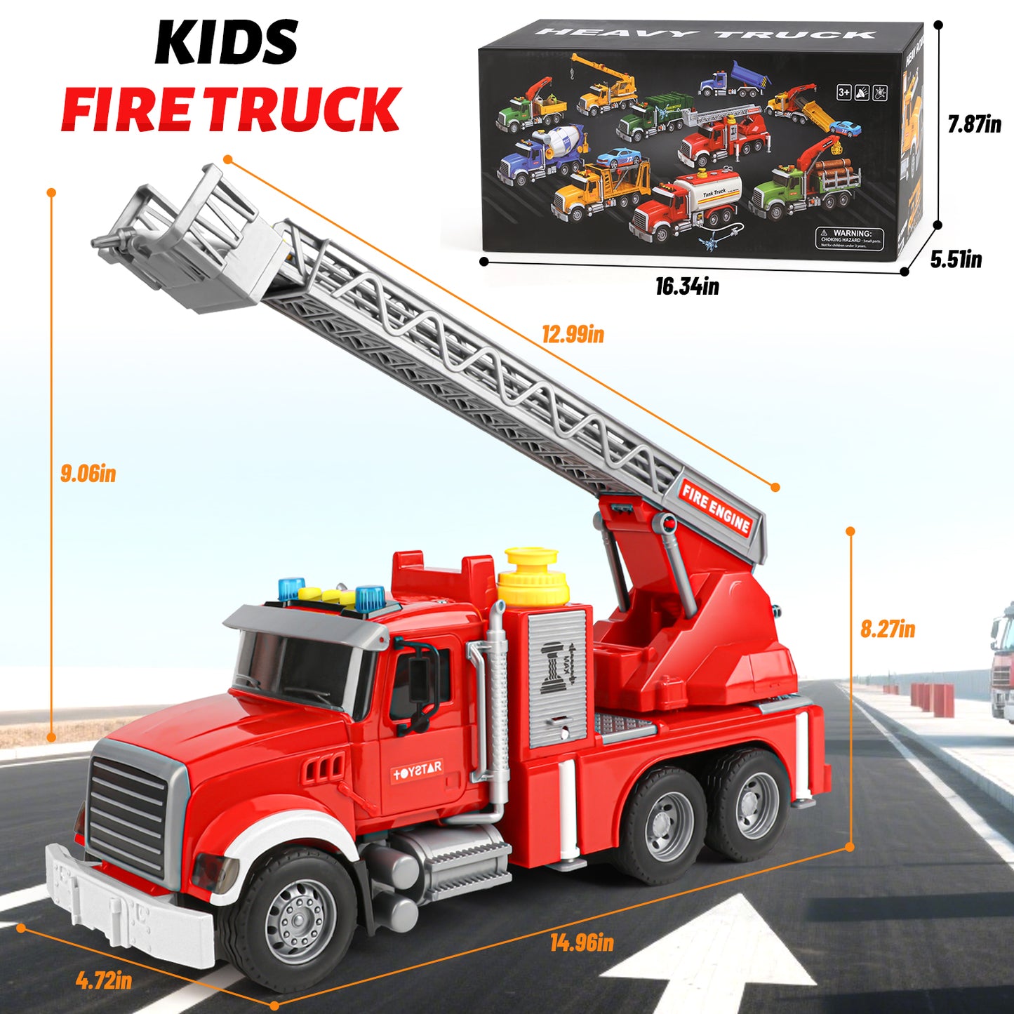 UUSUOO Truck Toys for Boys 3-6 Years,15" Large Fire Truck Toy,Friction Powered Fire Rescue Truck Vehicle Toys with Lights & Sirens Sounds & Ladder,Christmas Birthday Gifts for Boys Girls 5 6 7 +,Red