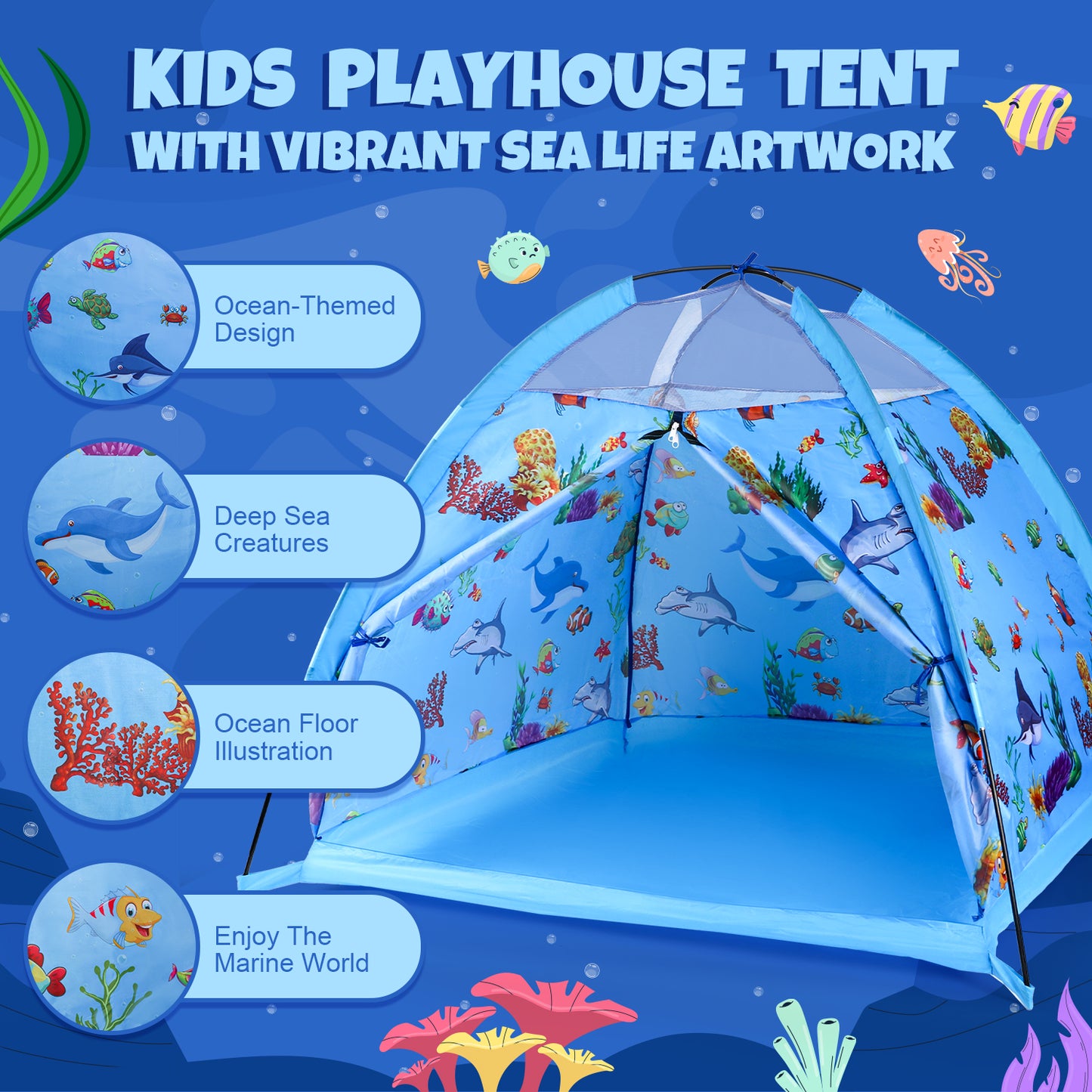 Marine World Kids Play Tent,Kids Play Tent Foldable Pop Up Kids Tent,Indoor Outdoor Party Undersea World Playhouse Tent Toy for Boys Girls-47*47 *39 (Blue)