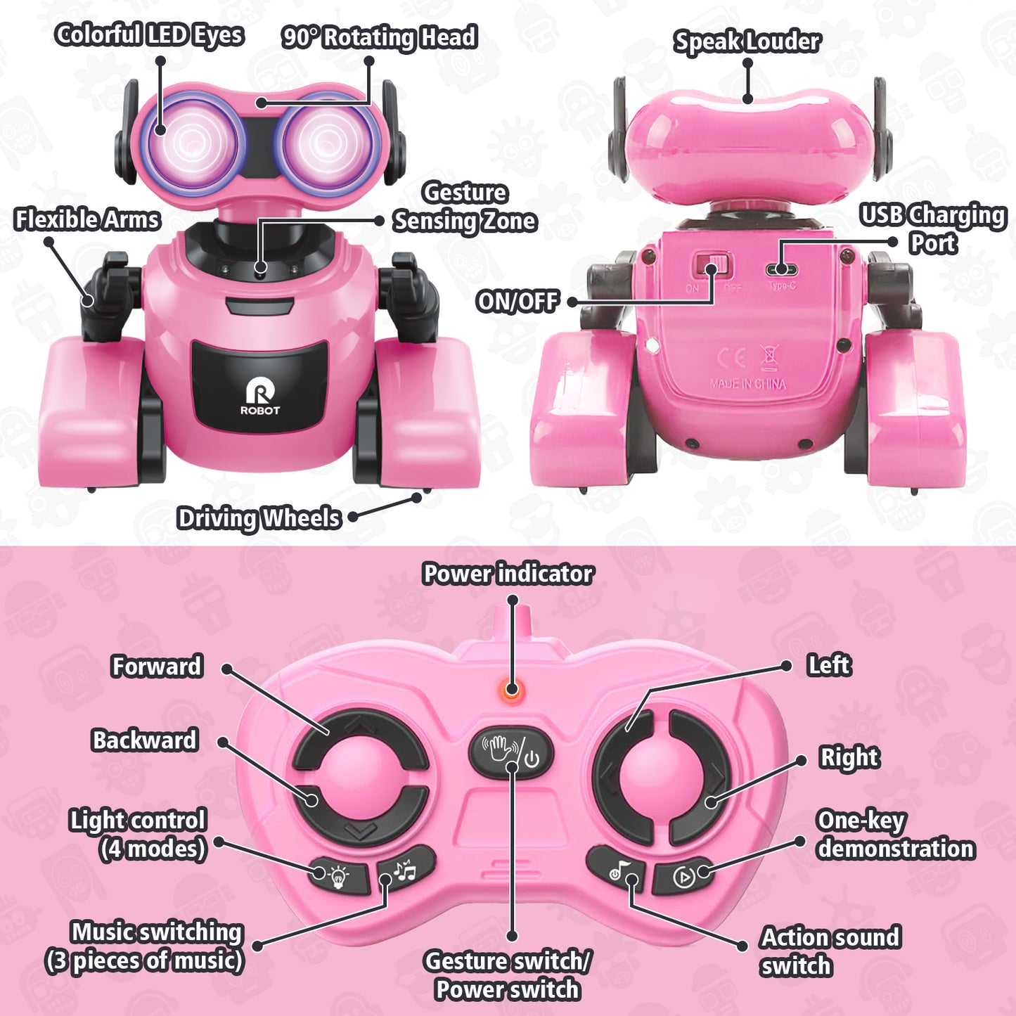 Robot Toys for Girls,Rechargeable Remote Control Robots, Toy Robot with Auto-Demonstration, Flexible Head & Arms, Dance Moves, Music, and Shining LED Eyes, Girls Toys Age4-6 (Pink)